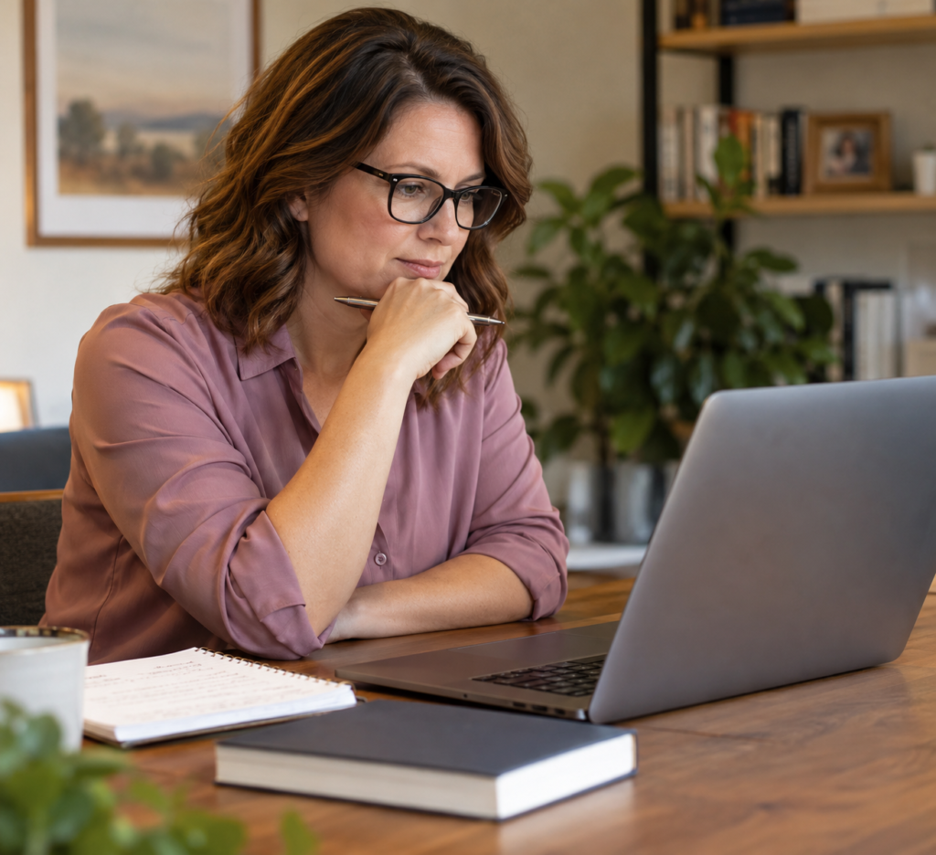 Woman thoughtfully considering ideas while working at a laptop in her home office.