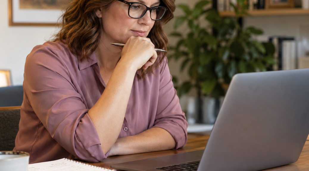 Woman thoughtfully considering ideas while working at a laptop in her home office.